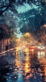 Cozy city street glowing with warm lights in gentle rain.