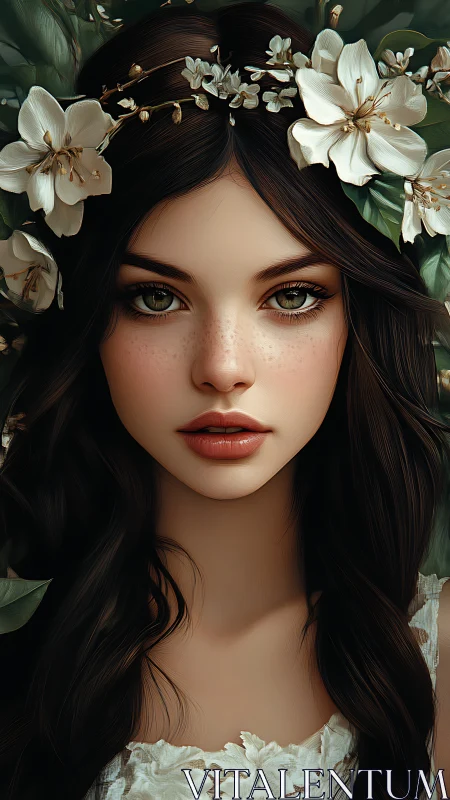 Woodland flower maiden gazes softly in ethereal portrait.