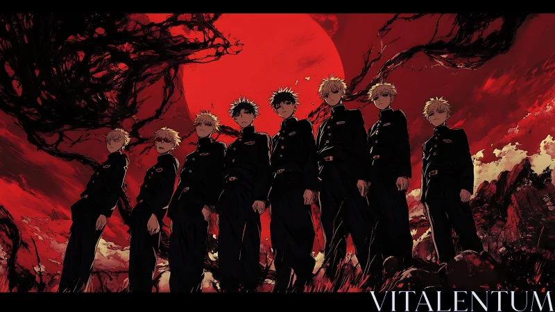 Group of uniformed youths under large red moon in ruins.