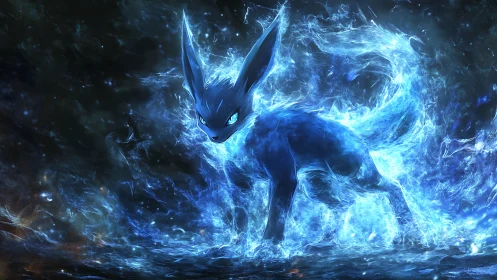 Blue luminous foxlike creature in swirling energy field.