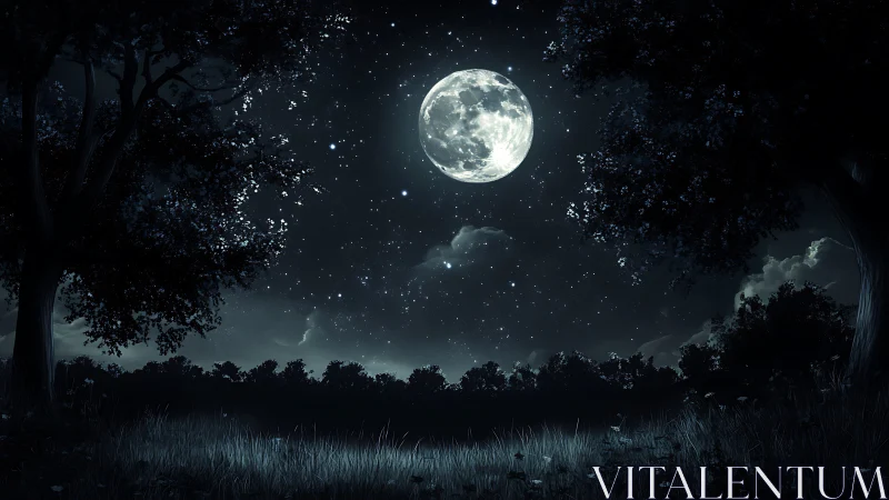 Full moon glows above a tranquil starlit forest nightscape.
