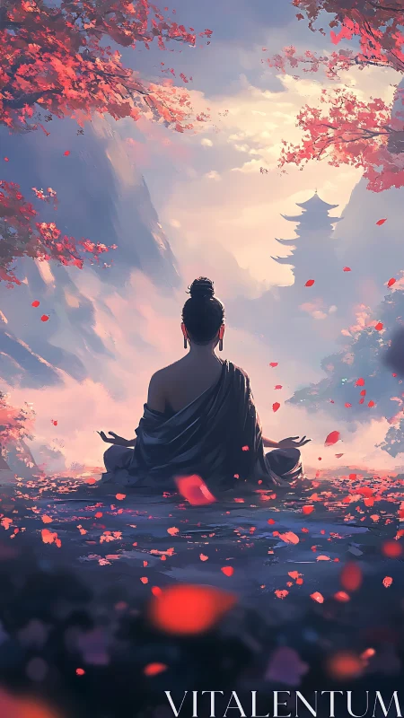 Serene mountain meditation beneath soft sunrise petals.