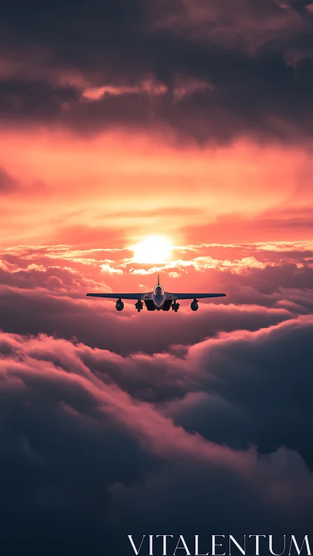 Jetliner silhouette descending through radiant sunset cloud deck.