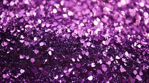 Purple glitter hearts in closeup textured abstract background.