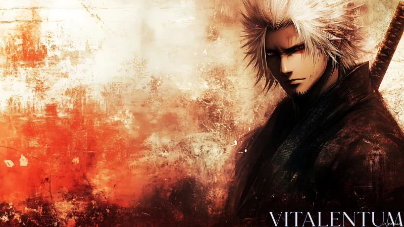 Brooding silver samurai in a storm of ash and ember.