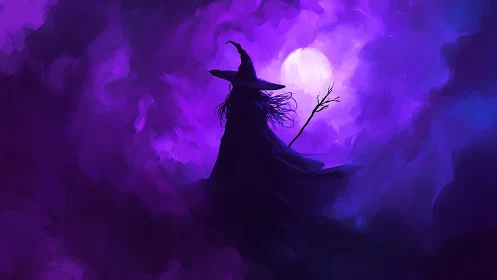 Moonlit witch silhouette in swirling violet mistscape.