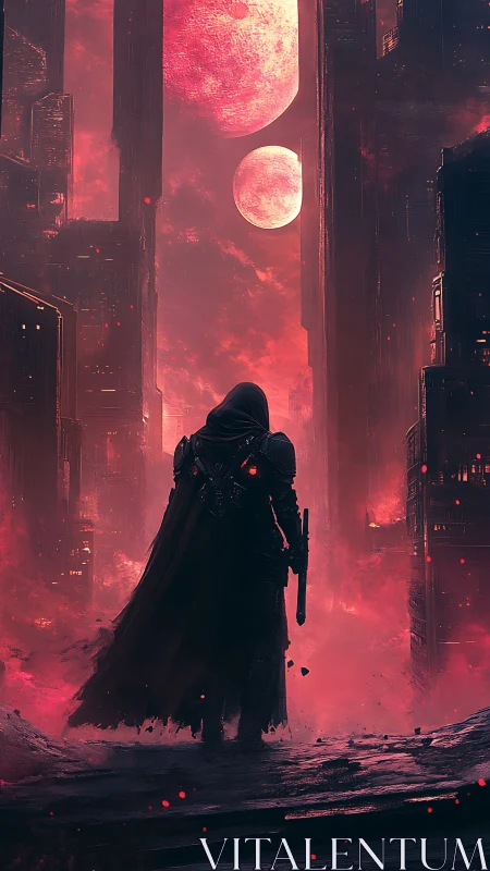 Cloaked wanderer stalks twin moons through neon ruin mist
