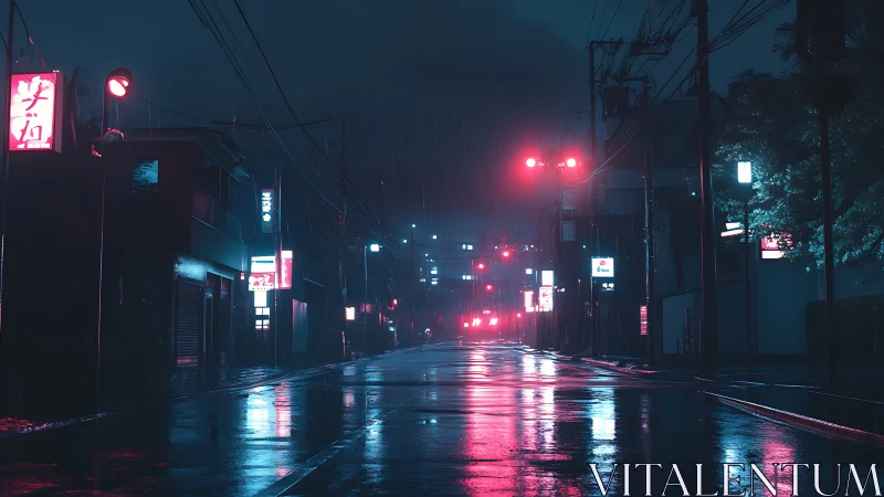 Neon rainlit alley humming in cyan and cherry gloom.