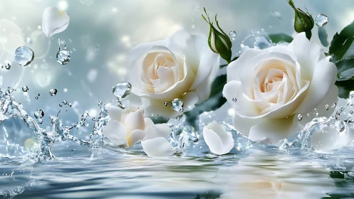 Cream roses immersed in dynamic water splash.