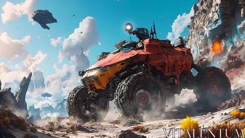 Armored exoplanet rover traversing eroded canyon basin.