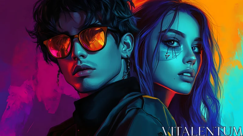 Electric duo glowing in bold neon colors and soft attitude.