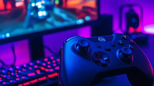 Controller glows like a neon helm steering digital worlds