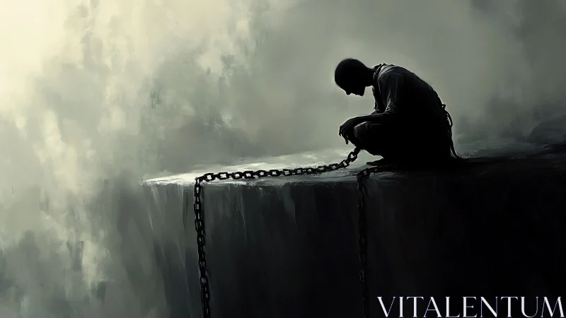 Digital painting of chained figure on abyssal ledge in chiaroscuro.