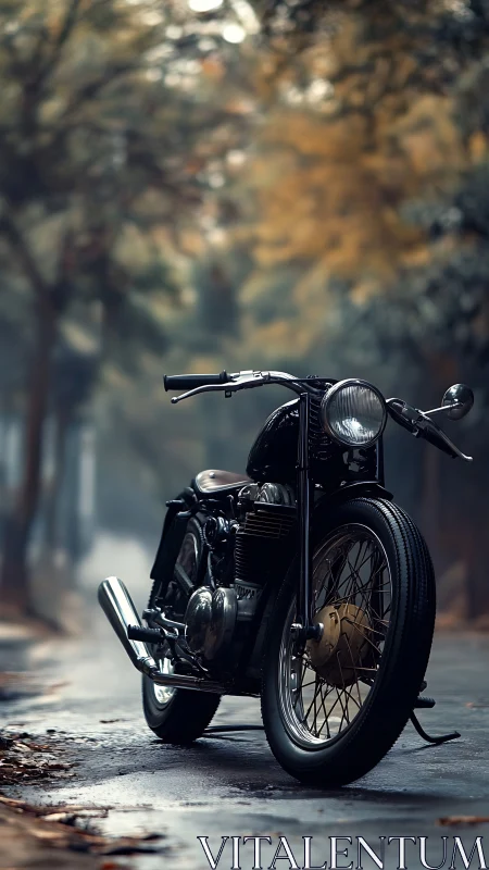 Vintage motorcycle rests on wet forest road in soft fog