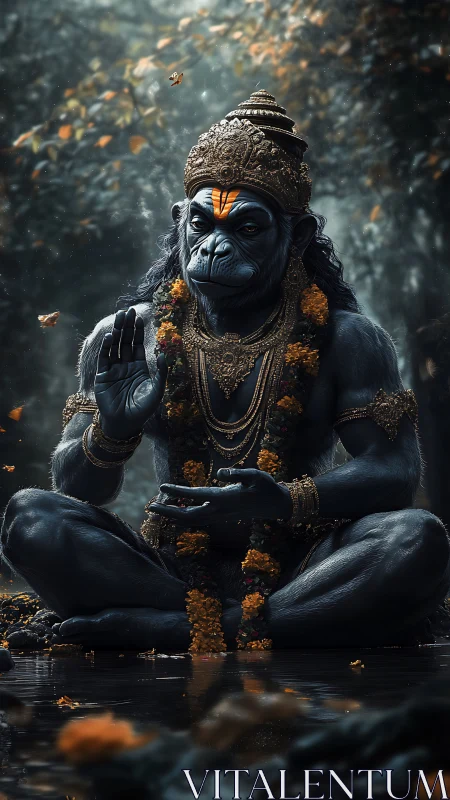 Simian deity figure sits cross-legged in reflective water