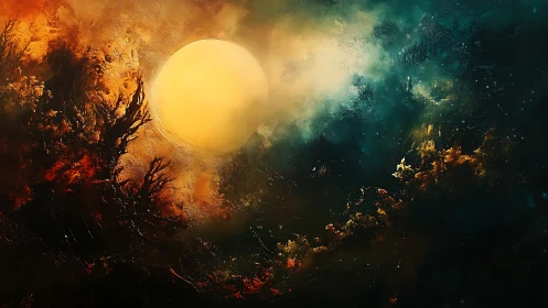 Burning horizon engulfs radiant sun within stormy void