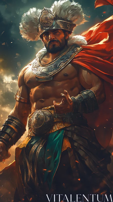 Stormlit warlord in feathered crown and ember red cloak.