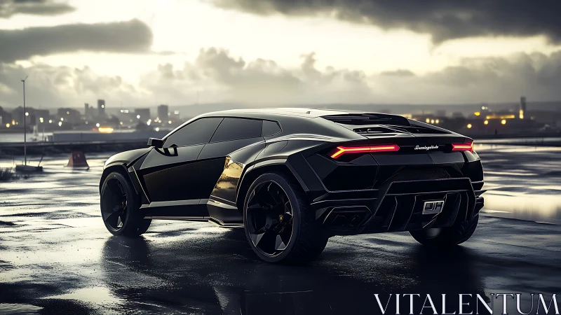 Black supercar dominates wet rooftop under stormy skyline