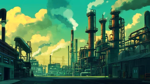 Industrial refinery skyline glows beneath toxic teal skies
