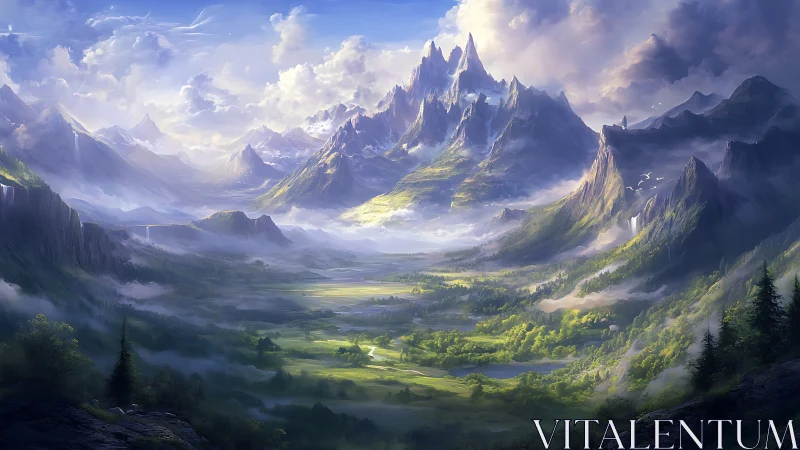 Sunlit fantasy valley opens beneath towering jagged peaks