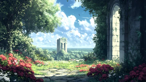 Overgrown garden view toward distant stone tower.