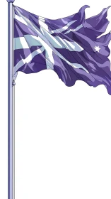 Purple stylized flag on pole with white cross and star.