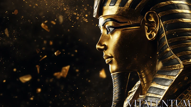 Golden pharaoh gazes through swirling cosmic dust of time