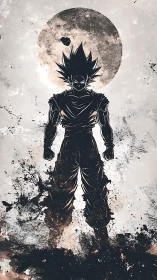 High-contrast ink silhouette of spiky-haired warrior before lunar disk