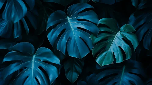 Dark blue monstera leaves in dramatic close-up view.