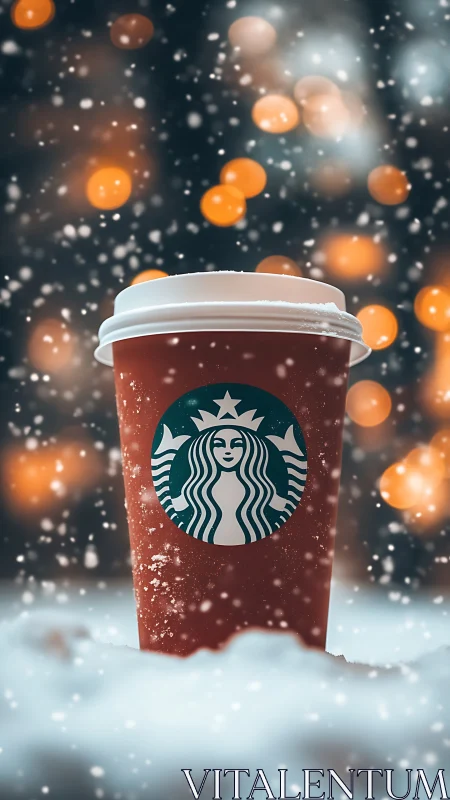 Snow-dusted red takeaway coffee cup with festive bokeh lights
