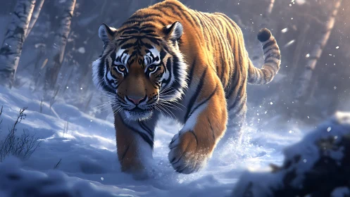 Winter tiger strides forward through deep, sparkling snow