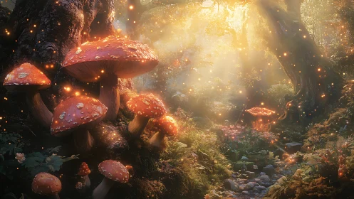 Glowing red mushrooms in a sunlit, misty forest scene.
