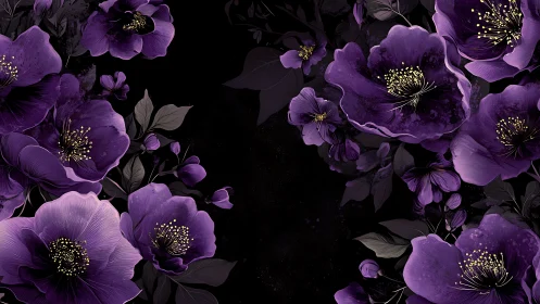 Purple flowers with gold stamens arranged on black background space.