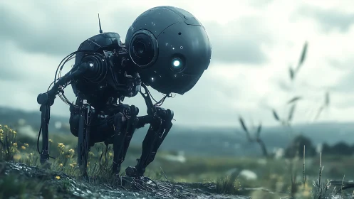 Spherical-headed quadruped robot in open grassy landscape.