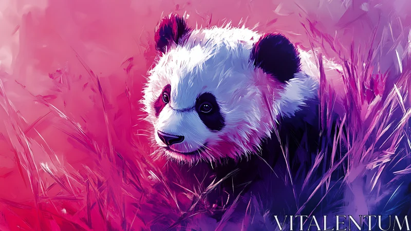 Neon gradient digital panda in stylized chromatic grass field