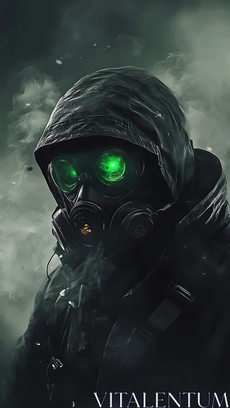 Hooded operative in gas mask rendered with neon green optics