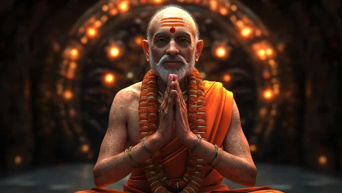 Serene Hindu monk in orange robes meditates before sacred lights.
