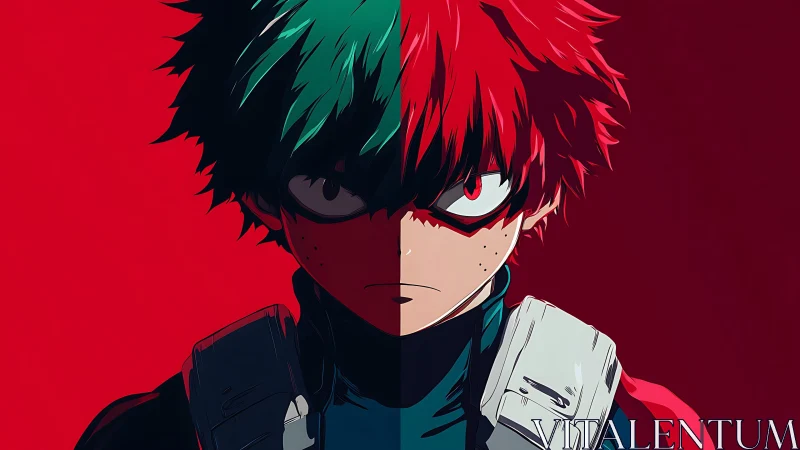 Dual-colored anime hero under bold red split light.