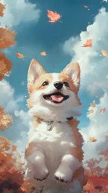 Playful corgi leaps upward under drifting autumn foliage