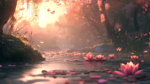 Lotus pond glows under soft golden sunset haze.