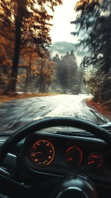 Rain-soaked forest drive viewed through vintage dashboard.