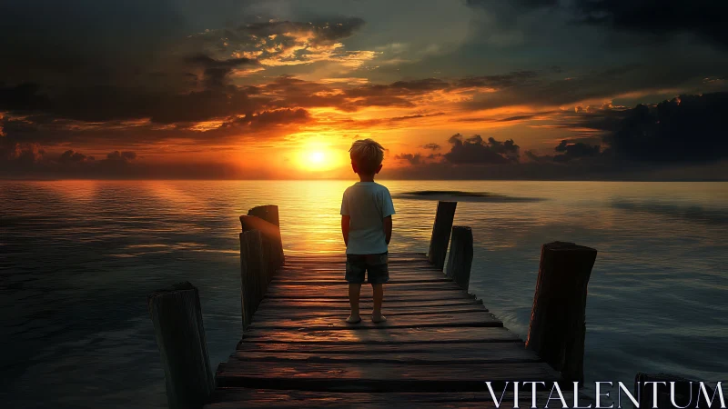 Child stands on wooden pier observing low-horizon sunset