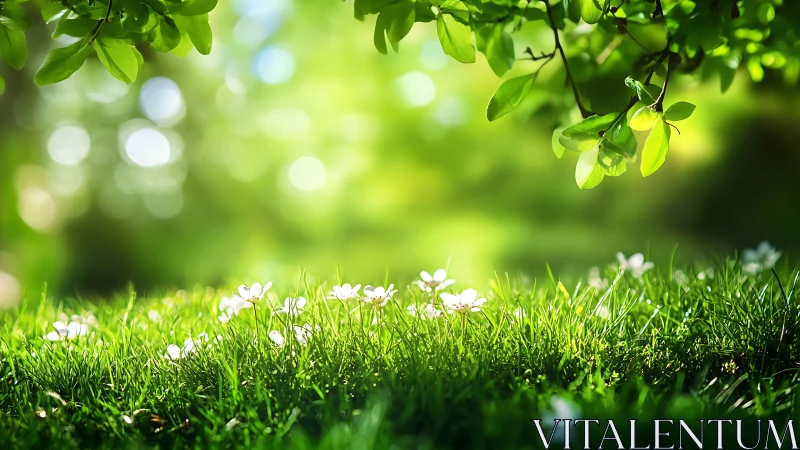 Sunlit grass and white flowers beneath green tree branches.