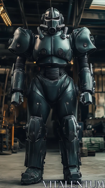 Industrial workshop scene shows armored humanoid exosuit