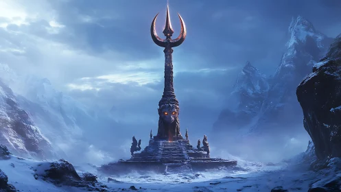 Monolithic crescent spire amid glacial mountain pass at dusk