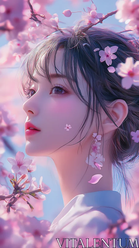 Anime portrait in cherry blossom bokeh with soft pastel lighting.
