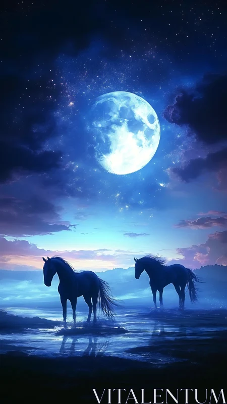 Moonlit horses wander beneath a glowing midnight sky.