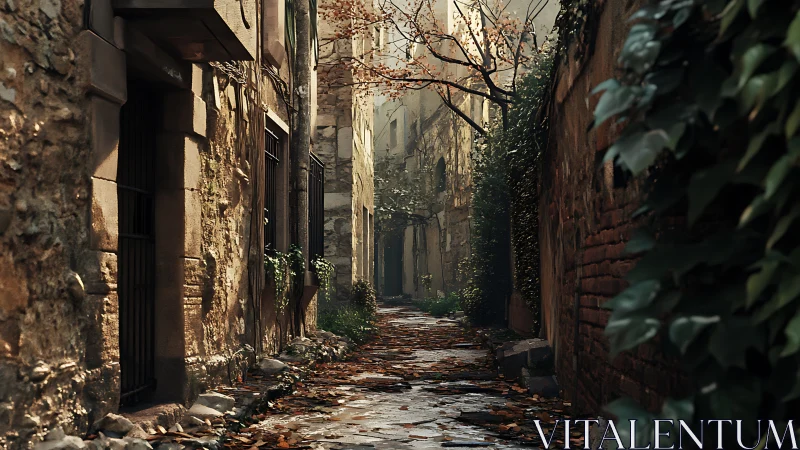 Quiet autumn alleyway wrapped in warm golden afternoon light.