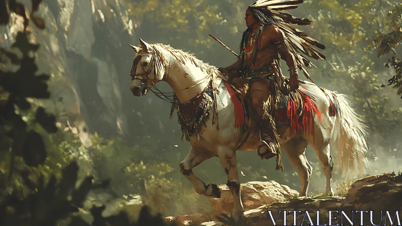 Indigenous rider guides painted horse through sunlit canyon.