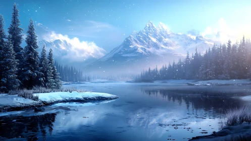 Snow-covered conifer forest by reflective mountain lake.